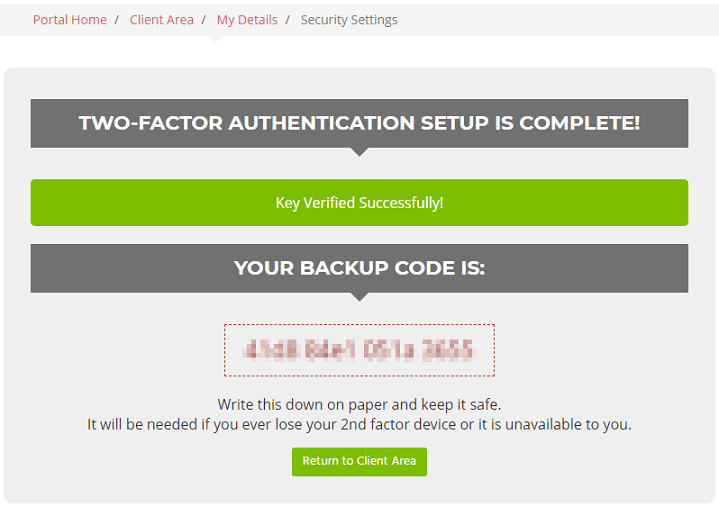 Record your two-factor authentication backup code